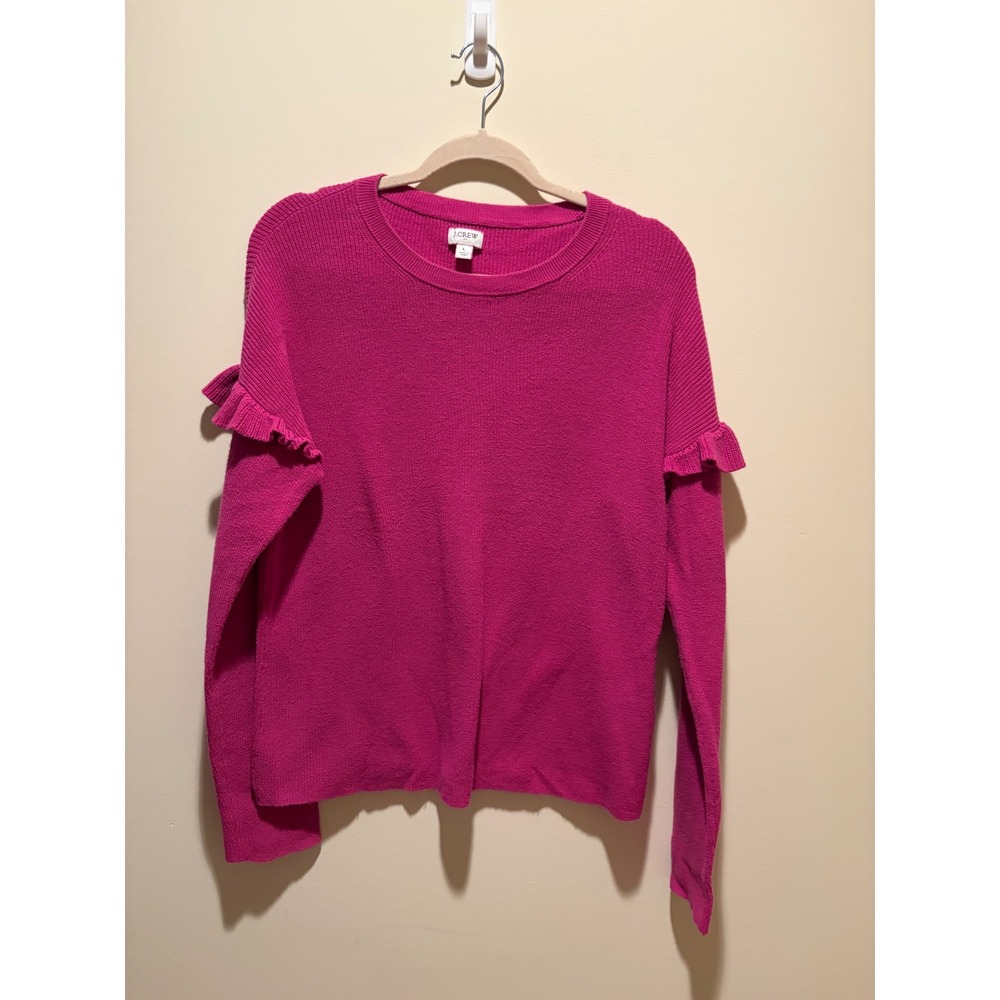 J.Crew Womens Magenta Pink Ruffle Arm Cotton Knit Sweater Large Re-Imagined